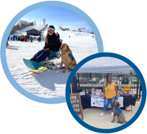 Woman skijoring with guide dog on snowy slope; another with service dog at an outdoor booth display.