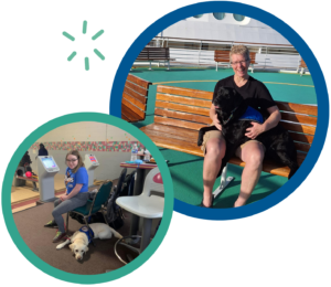 Person with a service dog sitting on a bench and another person bowling with a dog.
