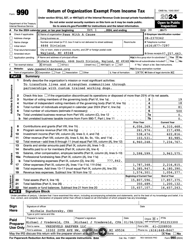 Form 990 for Paws With a Cause, tax-exempt organization financial overview for 2024-2025.