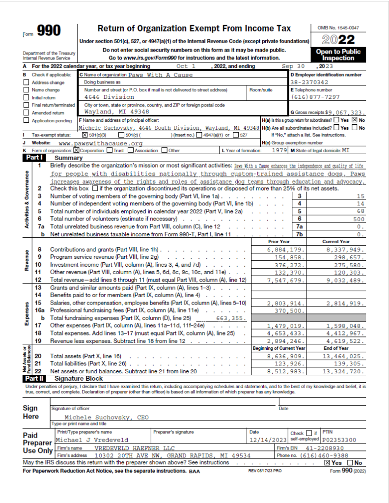 Form 990 tax document for Paws With A Cause, showcasing financials and details for tax year ending September 30, 2023.