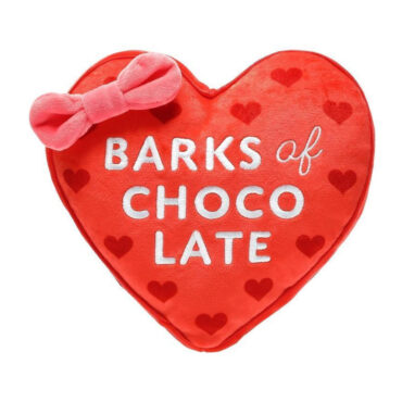 Heart-shaped red dog toy with bow and Barks of Chocolate text, perfect for Valentine's Day gifts for pets.