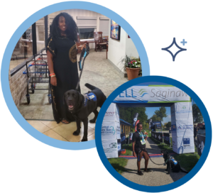 Woman with service dog at indoor and outdoor events, smiling and holding medals.