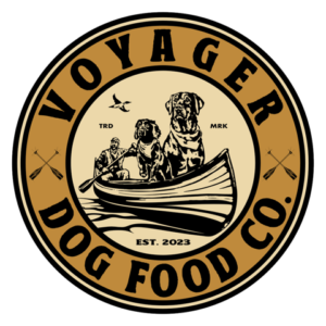 Voyager Dog Food Co. logo featuring two dogs in a canoe with a person, paddles, and bird overhead. Established 2023.