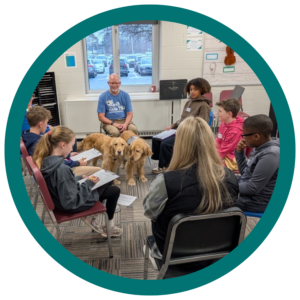 Group of kids and adults with therapy dogs in a classroom, engaging in a learning activity.