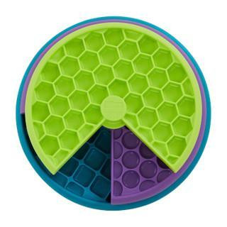 Colorful silicone fidget toy with hexagon and circle patterns for stress relief and sensory play on white background.