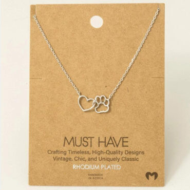 Rhodium plated necklace with heart and paw pendant on a cardboard display, handmade in Korea. Perfect for pet lovers.