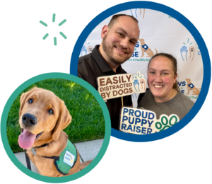 Smiling people holding dog-themed signs with a golden retriever puppy on grass wearing a Paws Cause vest.