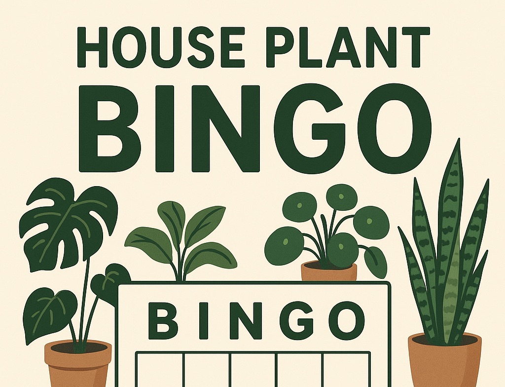 Illustrated House Plant Bingo sign featuring various potted plants, including monstera and snake plant. Perfect for plant lovers.