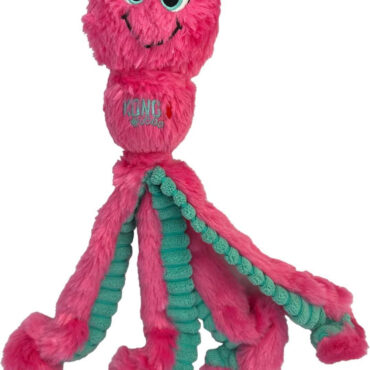 Pink and teal plush octopus toy with a smiley face, designed for pet play and entertainment.