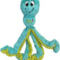 Blue plush octopus dog toy with smiling face and green accents, perfect for pet playtime and chewing.