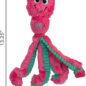 Pink and teal plush octopus dog toy with smiling face, measuring 13.25 high by 8 wide.