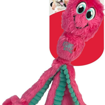 Pink KONG Wubba dog toy with smiling face and teal tentacles, perfect for interactive play or cuddling.
