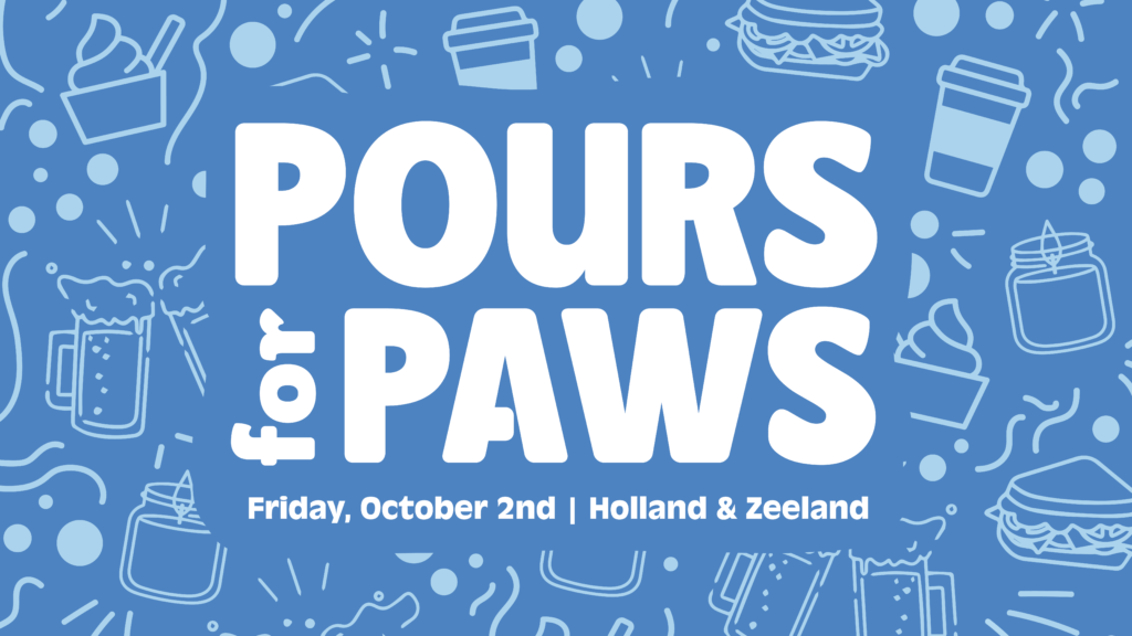 Pours for Paws event on Friday, October 2nd in Holland & Zeeland, featuring drinks and food icons.