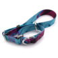 Colorful adjustable dog collar with buckle, metal loops, and blue-purple pattern on white background.