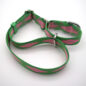 Green and pink dog harness with metal loops, designed for pet comfort and control.