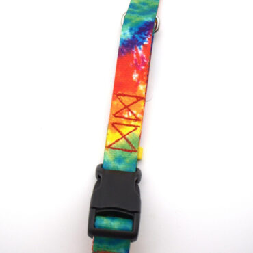 Colorful tie-dye dog collar with black buckle and metal loop, designed for stylish pet accessories.