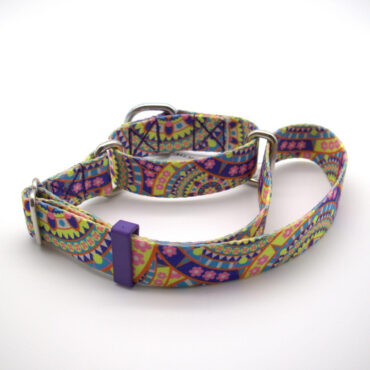 Colorful patterned dog collar with metal buckle and vibrant design on white background.