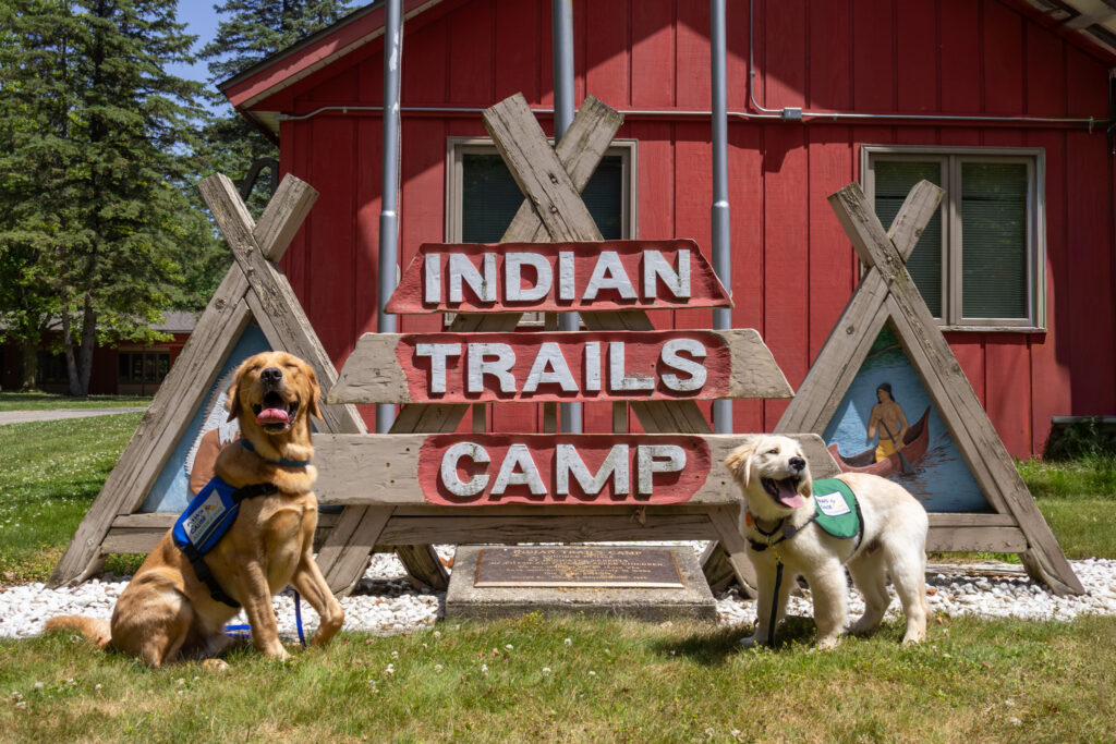Two service dogs in front of Indian Trails Camp sign with red building and greenery background.