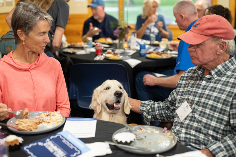 Golden retriever at dinner table with people, smiling and enjoying company at a social gathering.