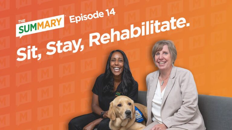 The SumMARY Podcast Episode 14: Sit, Stay, Rehabilitate featuring guests with facility dog on orange background.
